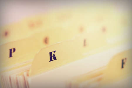 Close up of alphabetical index cards in a boxの写真素材