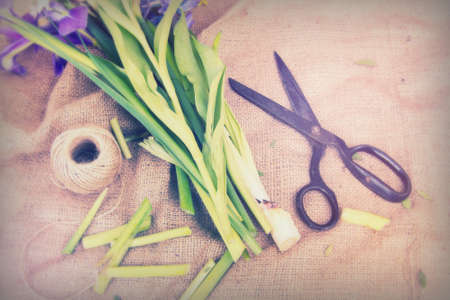 Spring cut flower arrangement against a rustic backgroundの写真素材