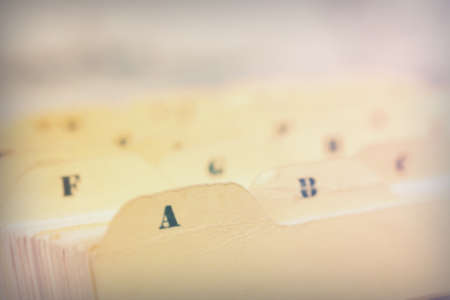 Close up of alphabetical index cards in a boxの写真素材
