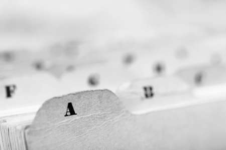 Close up of alphabetical index cards in a boxの写真素材