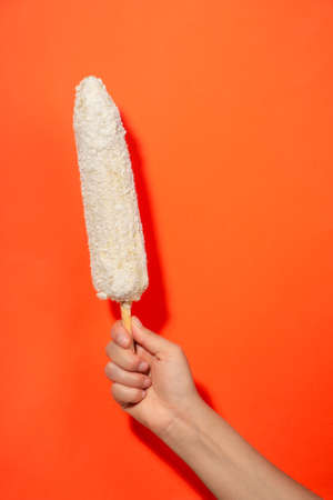 cooked corn prepared with salsa, mayonnaise, cheese and potatoes, Mexican snackの写真素材