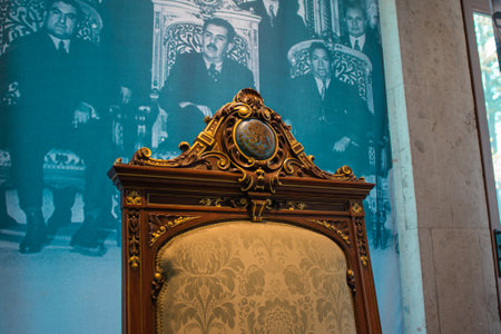 Mexico City, CDMX, 10 12 22, Presidential chair of LÃ¡saro CÃ¡rdenas with logo of Mexico in the Museo de los Pinos, no peopleのeditorial素材