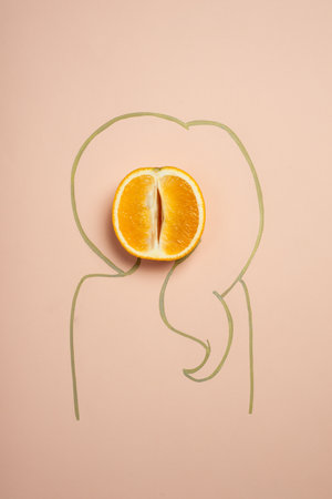 an orange on a solid background and the silhouette of a drawn woman, concept of female health, healthy vagina, no peopleの写真素材