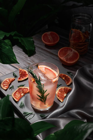 Bar table with grapefruit cocktail, run, gin and whiskey, garnished with dried fruit and rosemary, in the background a glass jar, plants and grapefruit, no peopleの写真素材