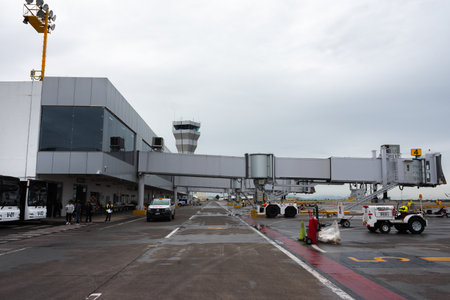 queretaro, queretaro, 20 08 23, floor level view of QuerÃ©taro airport on a rainy and cloudy day with wet facilitiesのeditorial素材
