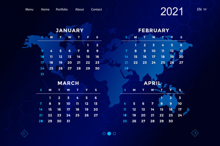 Calendar 2021 template with technology world map colorful design and dark background.のイラスト素材