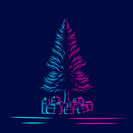 Pine tree and gift on christmas line pop art portrait colorful design with dark background.のイラスト素材