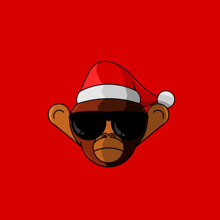 christmas monkey cartoon  with santa claus cap logo design on isolated background