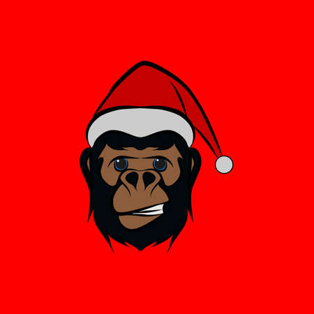 christmas monkey gorilla cartoon with santa claus cap logo design on isolated backgroundのイラスト素材