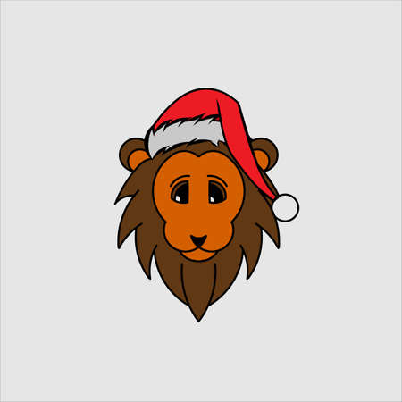christmas lion cartoon with santa claus cap logo design on isolated backgroundのイラスト素材