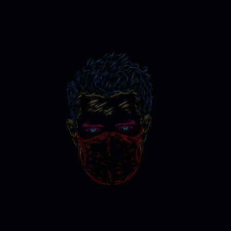 a man wearing medical mask line pop art potrait logo colorful design with dark background. Isolated black background for t-shirtのイラスト素材