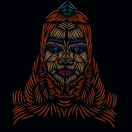 moslem islamic arabic woman line pop art potrait logo colorful design with dark background. Isolated black background for t-shirtのイラスト素材