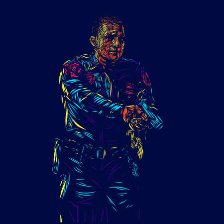 policeman line pop art potrait logo colorful design with dark background. Isolated black background for t-shirtのイラスト素材