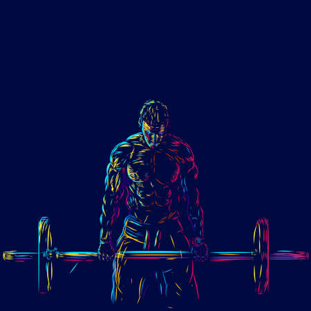 Fitness men on gym line pop art potrait logo colorful design with dark background. Abstract vector illustration. Isolated black background for t-shirtのイラスト素材