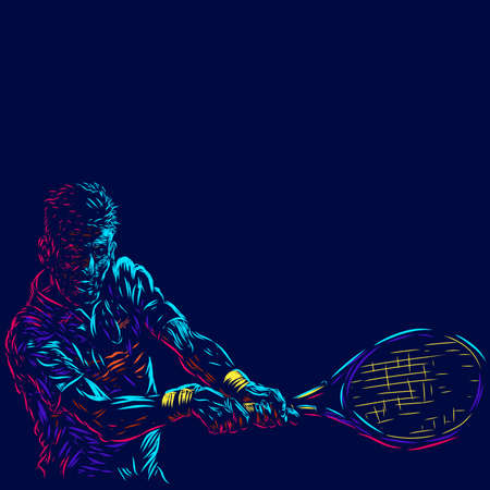 Tennis men smash line pop art potrait logo colorful design with dark background. Abstract vector illustration. Isolated black background for t-shirtのイラスト素材
