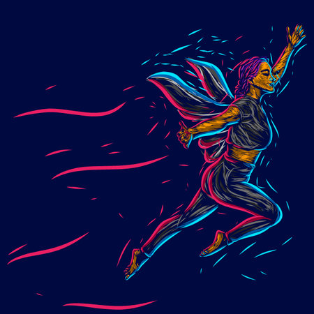 flying woman line pop art potrait logo colorful design with dark background. Abstract vector illustration. Isolated black background for t-shirtのイラスト素材