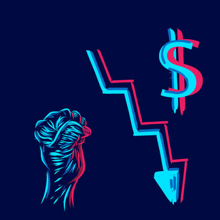 Dollar graph down line pop art potrait logo colorful design with dark background. Abstract vector illustration. Isolated black background for t-shirtのイラスト素材