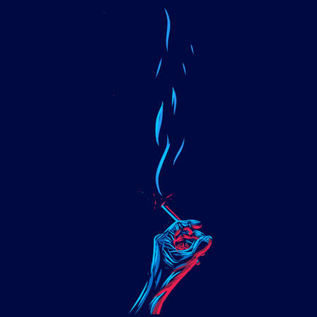 Hand hold cigarette line pop art potrait logo colorful design with dark background. Abstract vector illustration. Isolated black background for t-shirtのイラスト素材