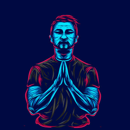 Apologize man line pop art potrait logo colorful design with dark background. Abstract vector illustration. Isolated black background for t-shirtのイラスト素材