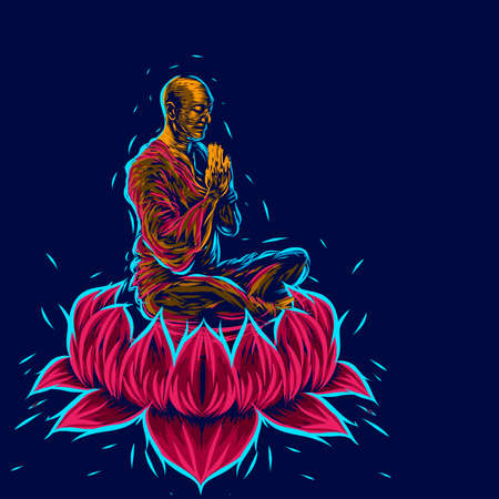 shaolin monk meditation on the lotus flower line pop art potrait colorful design with dark background.のイラスト素材