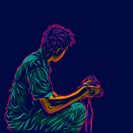 Male photographer takes a photo.  Lne pop art portrait logo colorful design. Abstract vector illustration.のイラスト素材