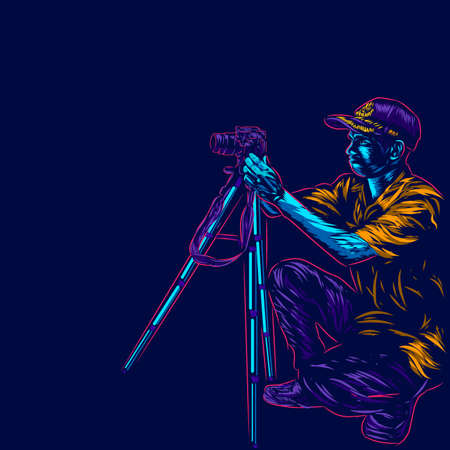 Male photographer takes a photo.  Lne pop art portrait logo colorful design. Abstract vector illustration.のイラスト素材