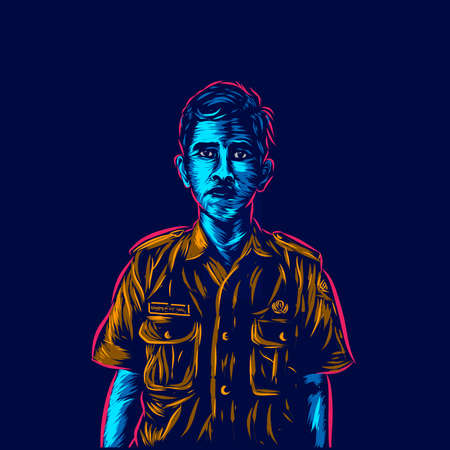 Civil servant officer worker. Pop Art line portrait logo.  Colorful design with dark background. Abstract vector illustration. Isolated black background for t-shirtのイラスト素材