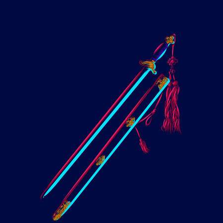 samurai sword. Pop Art line logo.  Colorful design with dark background. Abstract vector illustration. Isolated black background for t-shirtのイラスト素材