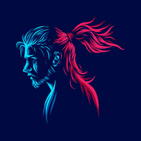 Samurai man hairstyle line pop art portrait colorful logo  design with dark background. Abstract vector illustration.のイラスト素材