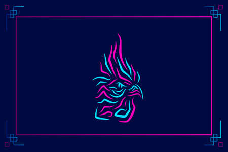 Rooster chicken neon logo line pop art portrait colorful design with dark background. Abstract vector illustrationのイラスト素材