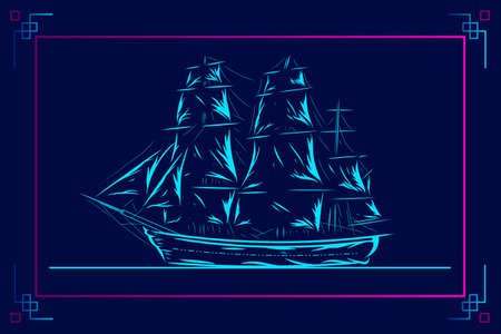 Ship boat pirates line pop art potrait logo colorful design with dark background. Abstract vector illustration. Isolated black background for t-shirt, poster, clothing.のイラスト素材