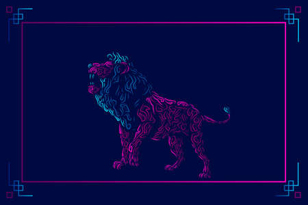 Lion head face vector silhouette line pop art potrait logo colorful design with dark background. Abstract vector illustration. Isolated black background for t-shirt, poster, clothing.のイラスト素材