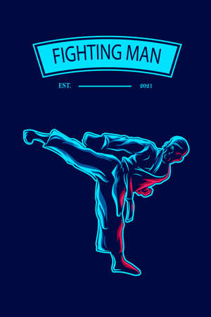 Karate fighting technique vector silhouette line pop art potrait logo colorful design with dark background. Abstract vector illustration. Isolated black background for t-shirt, poster, clothing.のイラスト素材
