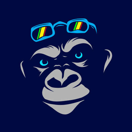 Funny funky monkey Line Pop Art logo. Colorful design with dark background. Abstract vector illustration. Isolated black background for t-shirt, poster, clothing, merch, apparel, badge designのイラスト素材