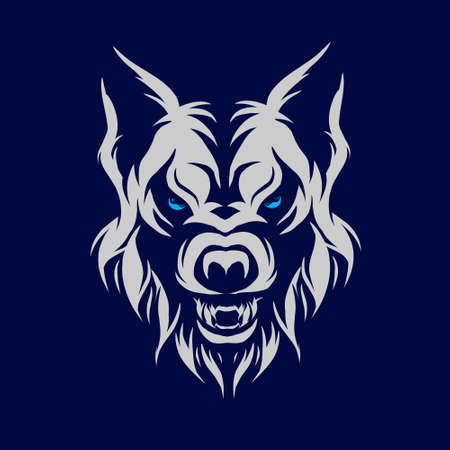 Wolf  beast  line pop art potrait logo colorful design with dark background. Abstract vector illustration. Isolated black background for t-shirt, poster, clothing, merch, apparel, badge designのイラスト素材