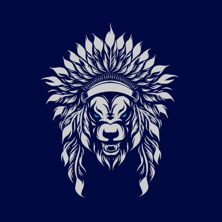 Indian Wolf beast unique line pop art potrait logo colorful design with dark background. Abstract vector illustration. Isolated black background for t-shirt, poster, clothing, merch.のイラスト素材