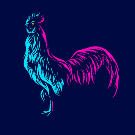 Cock chicken line pop art potrait colorful design with dark background. Abstract vector illustration. Isolated black background for t-shirt, poster, clothing, merch, apparel, badge design.のイラスト素材