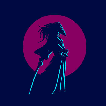 Samurai japan sword knight line potrait logo colorful design with dark background. Isolated navy background for t-shirt, poster, clothing, merch, apparel, badge designのイラスト素材