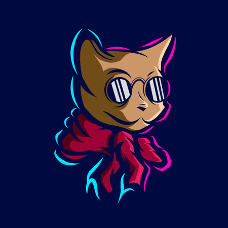 Cat funny art logo. Colorful animal pet design with dark background. Abstract vector illustration. Isolated with navy background for t-shirt, poster, clothing, merch, apparel.のイラスト素材