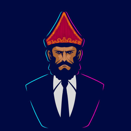 Batak people man Pop Art logo. Colorful toba asian ethnic wedding dress design with dark background. Vector illustration. Isolated dark background for t-shirt, poster, clothing, merch, apparelのイラスト素材