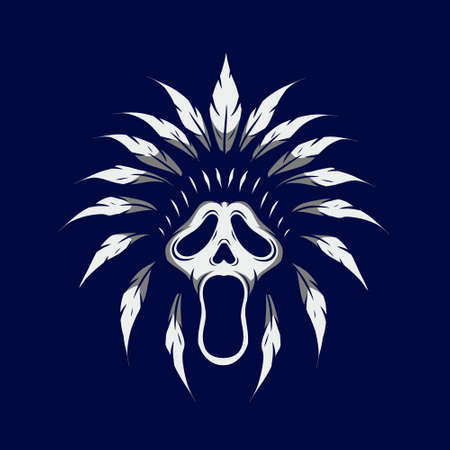 Apache indian warrior hero Line Pop Art logo. Halloween ghost face design with dark background. Abstract vector illustration. Isolated black background for t-shirt, poster, clothing, merch, apparel.のイラスト素材
