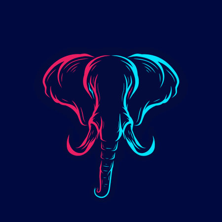 Elephant art logo vector. Animal neon design with dark background. Abstract graphic illustration. Isolated black background for t-shirt, poster, clothing, merch, apparel, badge designのイラスト素材