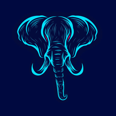 Elephant art logo vector. Animal neon design with dark background. Abstract graphic illustration. Isolated black background for t-shirt, poster, clothing, merch, apparel, badge designのイラスト素材