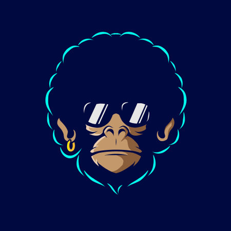 Funny funky monkey logo vector. Afro ape neon art design with dark background. Abstract graphic illustration. Isolated black background for t-shirt, poster, clothing, merch, apparel, badge designのイラスト素材
