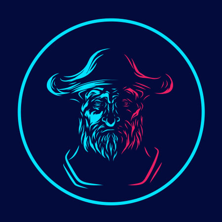 Pirate man bearded line neon art logo. Colorful design with dark background. Abstract vector illustration. Isolated with navy background for t-shirt, poster, clothing, merch, apparel.のイラスト素材