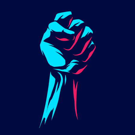 Fist neon line art potrait logo colorful design with dark background. Abstract vector illustration. Isolated black background for t-shirt, poster, clothing, merch, apparel, badge designのイラスト素材