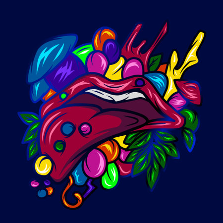 Lip tongue art potrait logo colorful design with dark background. Abstract vector illustration. Isolated black background for t-shirt, poster, clothing, merch, apparel, badge designのイラスト素材