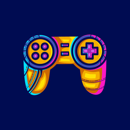 Joystick game console cyberpunk logo line pop art portrait fiction colorful design with dark...