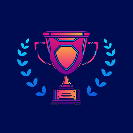 Championship cup neon cyberpunk logo fiction colorful design with dark background. Abstract t-shirt vector illustration.のイラスト素材