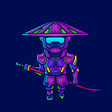 Samurai cyberpunk logo line pop art portrait fiction colorful design with dark background. Abstract vector illustration.のイラスト素材